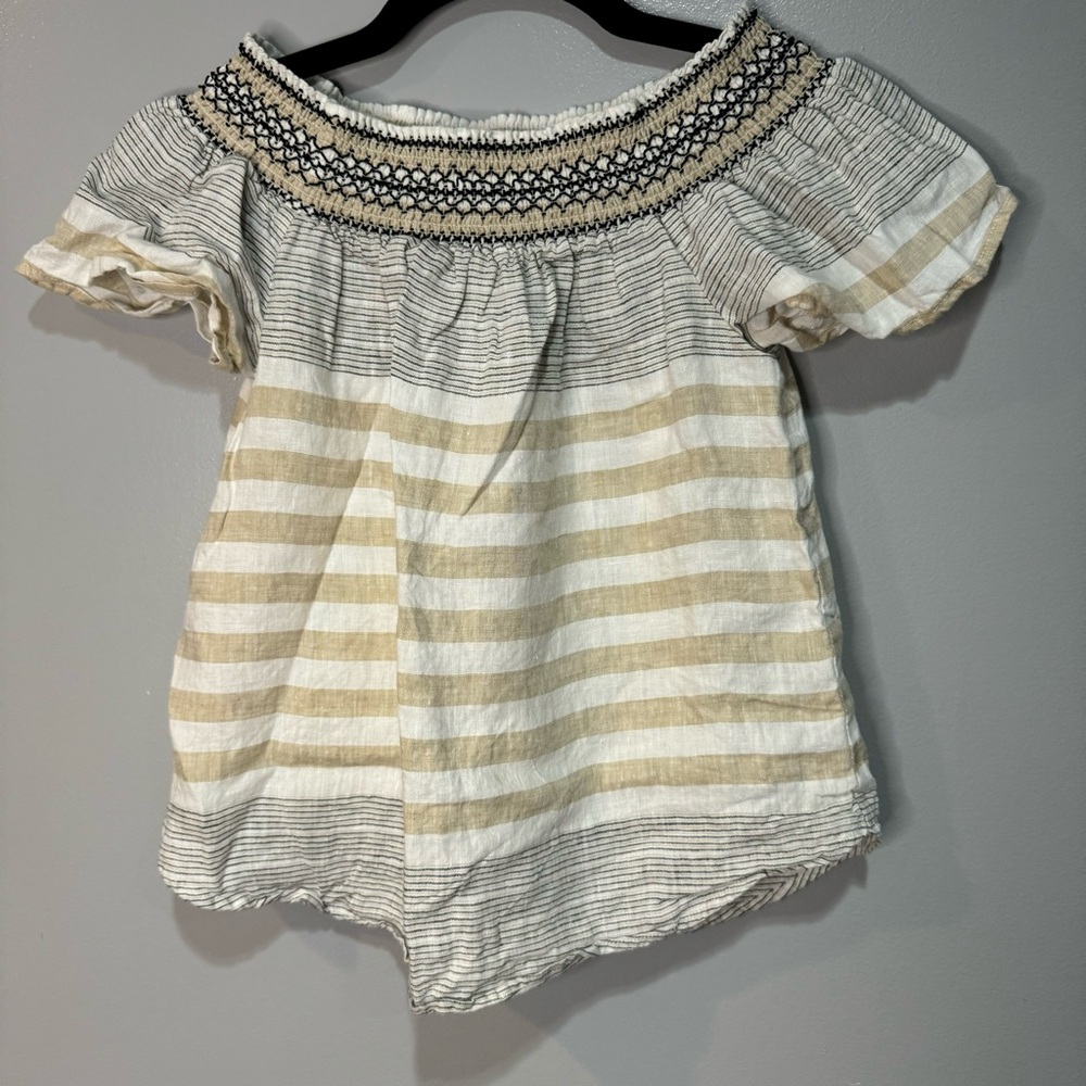 Vineyard Vines Linen Tan Stripe Off The Shoulder Top Neutral Natural Chic Boho
